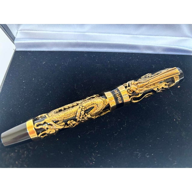 Dragon Motif Fountain Pen, Gold Overlay on Black, Acura, Mint in Box Circa 1990 For Sale - Image 18 of 18
