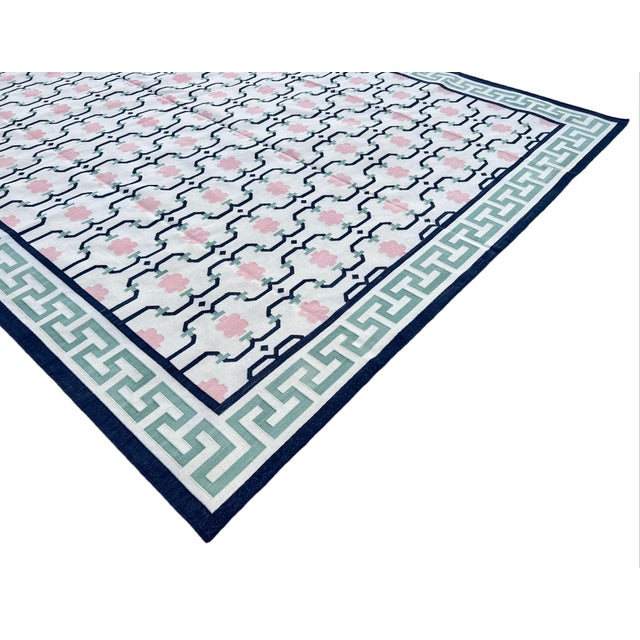 Not Yet Made - Made To Order Handmade Cotton Area Rug Cream, Green, Pink & Navy Blue Bordered Geometric Dhurrie - 12'x15' For Sale - Image 6 of 11