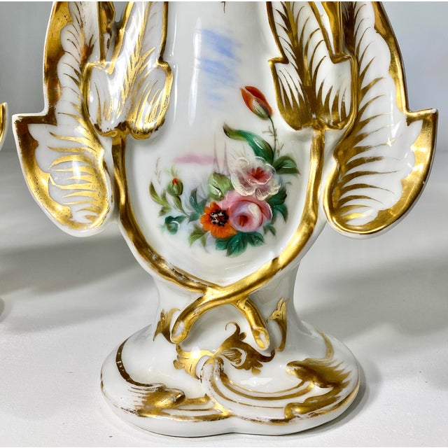Antique Jacob Petit Style Old Paris Vases, Sculptural Gold Gilt, Hand Painted Porcelain, Spill Vases - a Pair For Sale - Image 10 of 11