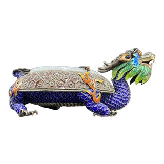 1920s Sterling Silver Enamel Dragon Cloisonné Ashtray Jade Rim For Sale
