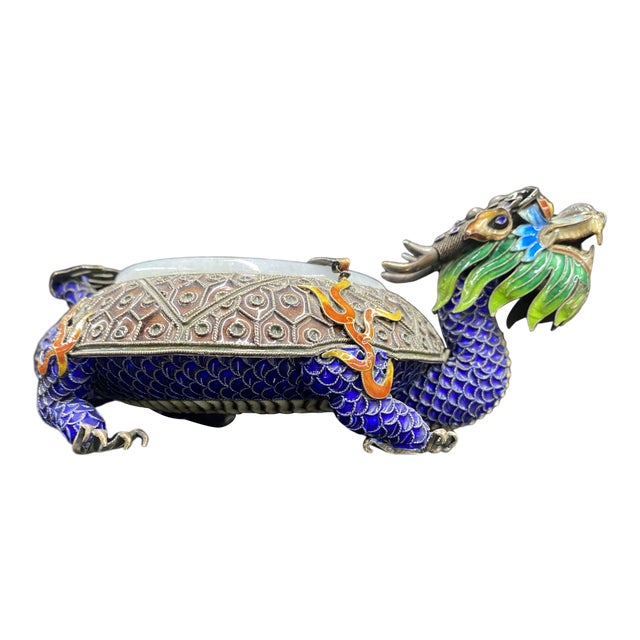 1920s Sterling Silver Enamel Dragon Cloisonné Ashtray Jade Rim For Sale