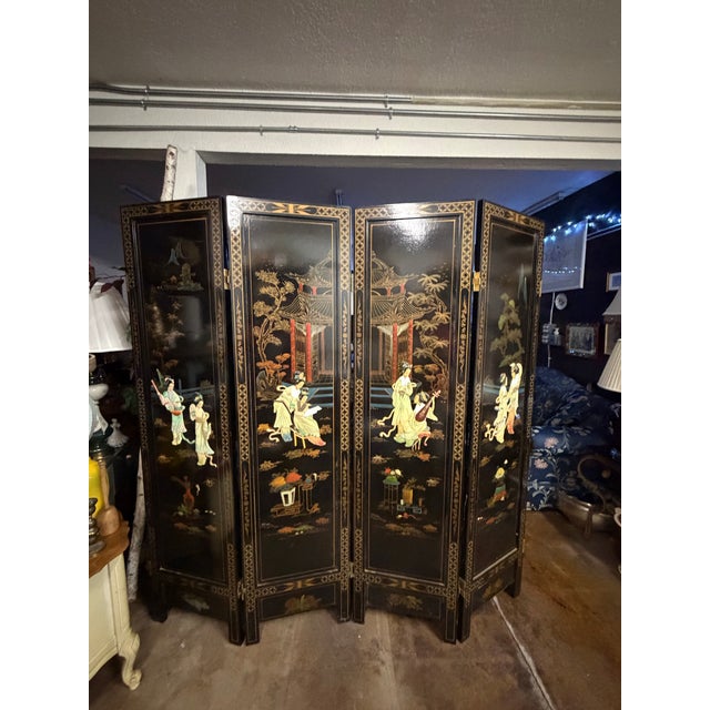 1980s Vintage Chinese Black Lacquer 4-Panel Coromandel Screen 6ft Hand Painted For Sale - Image 5 of 5