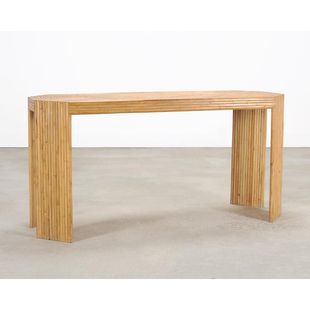 1970s Organic Modern Pencil Reed Rattan Waterfall Console Table For Sale - Image 5 of 18