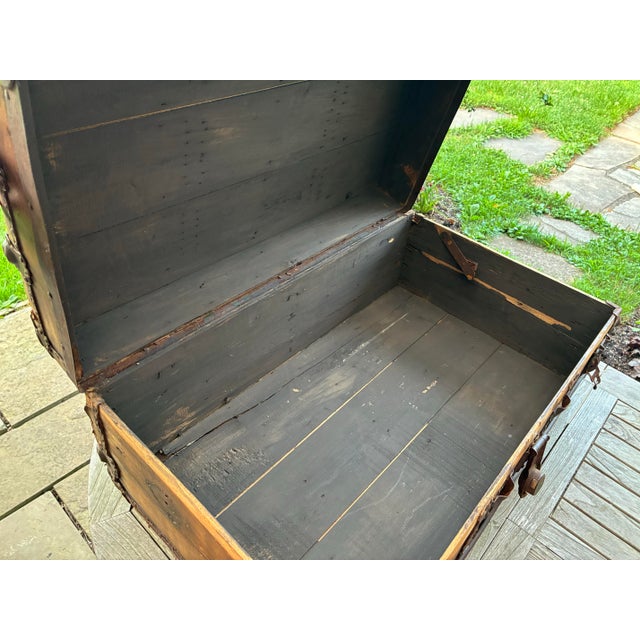 Coffee Antique Wood Travel Trunk With Leather Straps and Original Hardware For Sale - Image 8 of 12