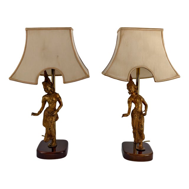 Sculptural Table Lamps in Gilded Bronze Representing Dancers, Thailand, 20th Century, Set of 2 For Sale