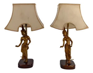 Sculptural Table Lamps in Gilded Bronze Representing Dancers, Thailand, 20th Century, Set of 2