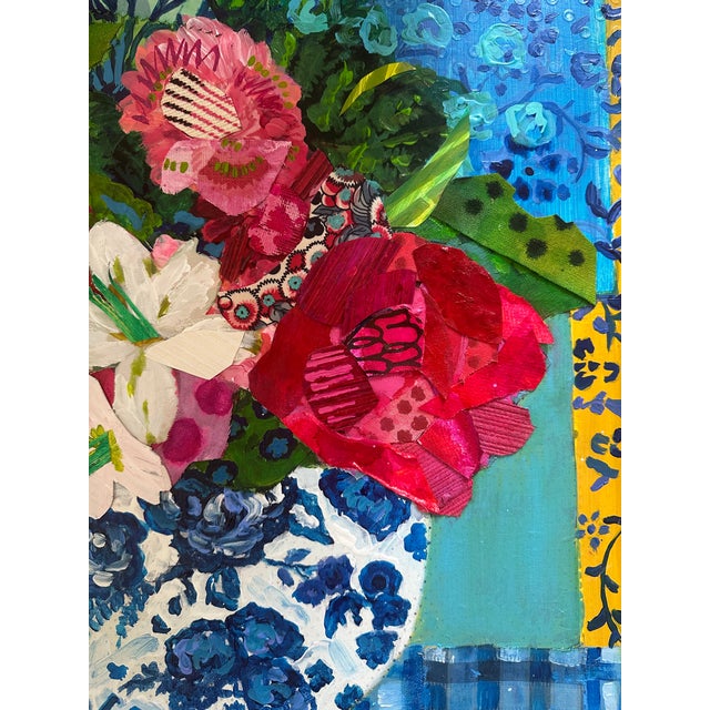 Meet Charmed! Blue and white chinoiserie with pink and red roses, this mixed media collage painting comes framed with a...