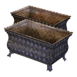 Pair of 19th Century French Polished Iron Jardinières With Basket Weave Decor For Sale