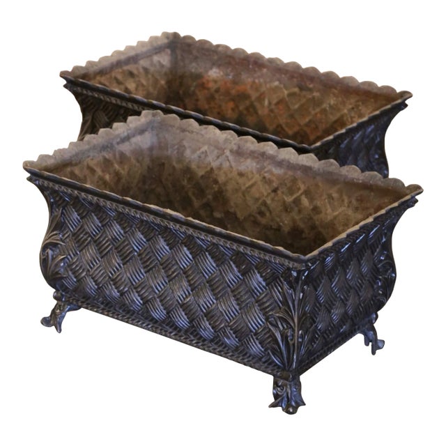 Pair of 19th Century French Polished Iron Jardinières With Basket Weave Decor For Sale