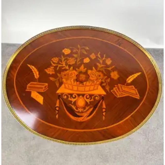 French Baroque Revival Style Oval Marquetry Side or End Table With Ormolu Accent For Sale - Image 14 of 16