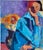 This is a beautiful abstract figurative painting in hues of turquoise, lavender, orange, red, yellow, burgundy, olive, and...
