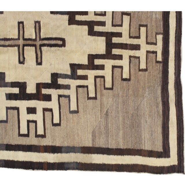 Brown Antique Navajo Carpet, Handmade Wool, Neutral colors, Ivory, Beige, Gray & Brown For Sale - Image 8 of 17