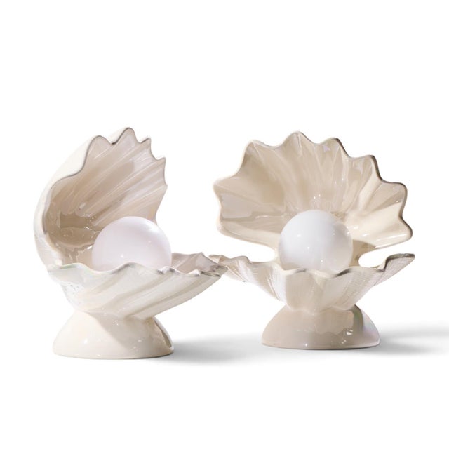 Mid Century Oyster Shell Shaped Porcelain Lamps - Pair Each lamp measures: 16 wide x 14 deep x 16.5 inches high Excellent...