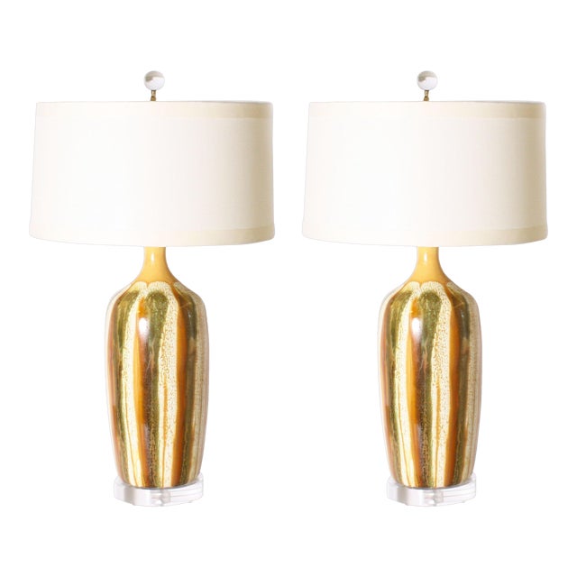 Pair of Yellow and Green Ceramic Drip Glaze Lamps, C. 1970 For Sale