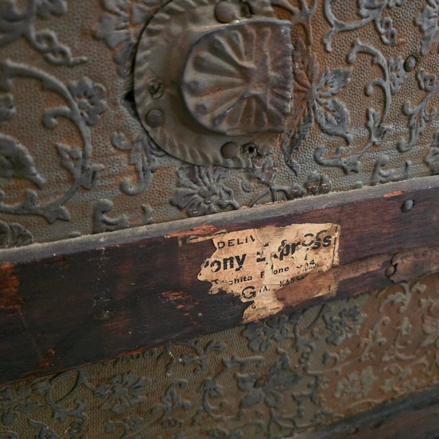 Late 19th Century Monumental Victorian Dome Top Steamer Trunk With Rare Floral Embossed Tin and Pony Express Wichita Kansas Label For Sale - Image 5 of 13