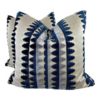 Cut Velvet Stripe in Navy 22" Pillows-A Pair For Sale