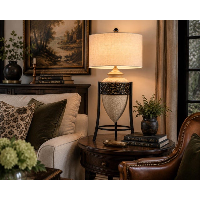 Mediterranean Vintage Mediterranean Textured Ceramic Tripod Urn Lamp With Linen Drum Shade For Sale - Image 3 of 4