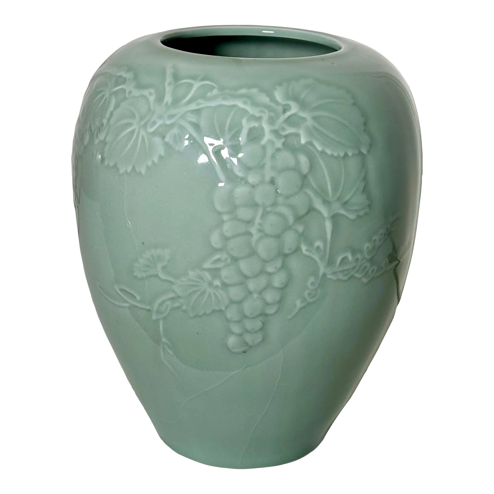 Fresh Look at Mid 20Th Century Embossed Celadon Green Porcelain Vase Grapes