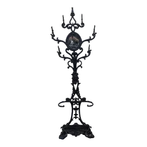 Early 20th Century Six Armed Iron Hall Tree With Small Center Mirror and Two Umbrella Racks and One Large Drip Tray