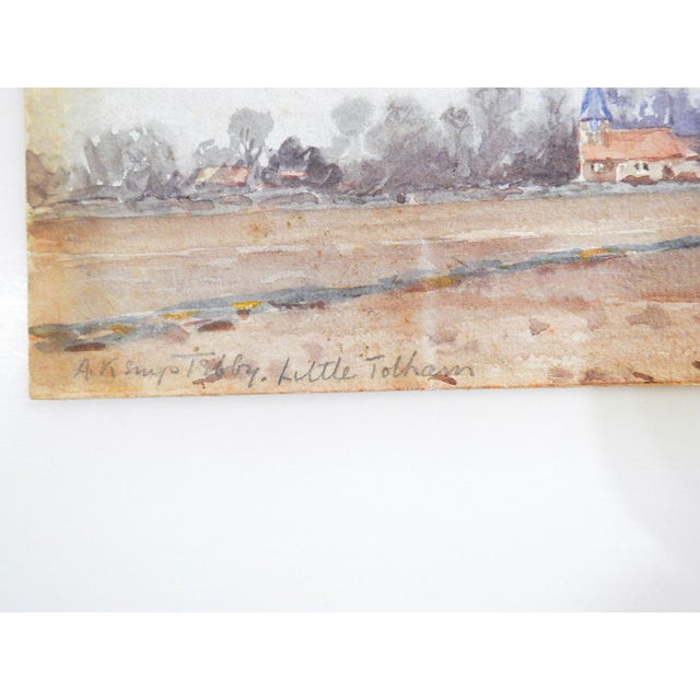 Small early 20th century watercolor on paper painting of pastoral farm scene with horses and church in background by...