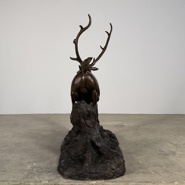 Large Bronze Stag Sculpture – Leaping Deer on Log Base, 36” H Wildlife Art For Sale - Image 12 of 13