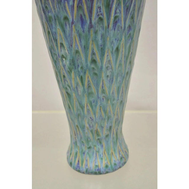 Ceramic 20th C. Mid Century Modern Ceramic Pottery Glazed Feather Pulled 20" Purple Blue Vase For Sale - Image 7 of 11
