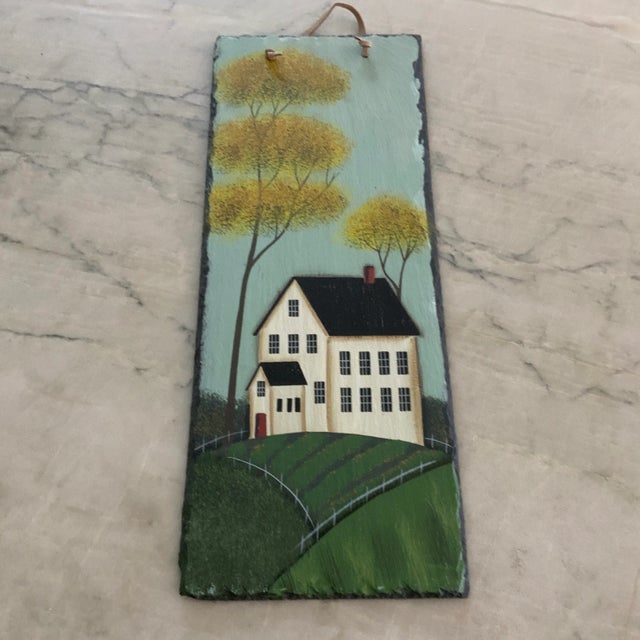 White Vintage Hand-Painted Slate Tile Featuring a County Manor House For Sale - Image 8 of 8
