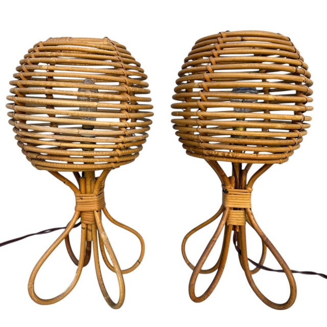 Mid-Century Modern Mid-Century French Rattan and Wicker Table Lamps by Louis Sognot, 1960s, Set of 2 For Sale - Image 3 of 18