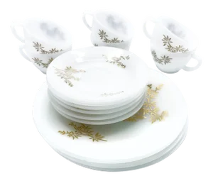 Vintage Mid-Century Federal Glass White Milk Glass With Metallic Gold Floral Design Dinnerware - 16 Piece Set