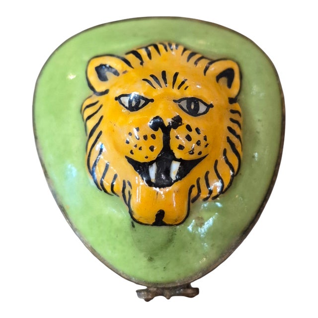 Hand-Painted Porcelain Trinket Box With a Lion Face For Sale