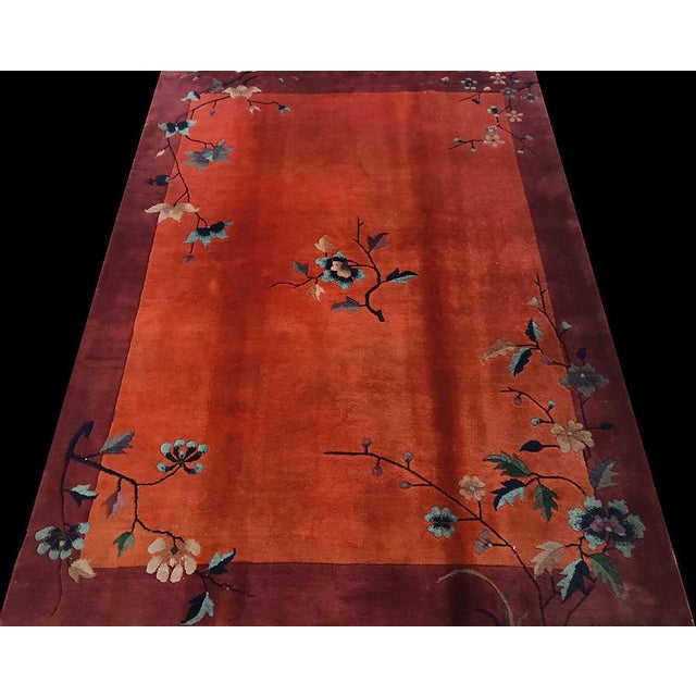 Art Deco 1920s Antique Red Floral Knotted Wool Chinese Art Deco Small Scatter Rug For Sale - Image 3 of 9