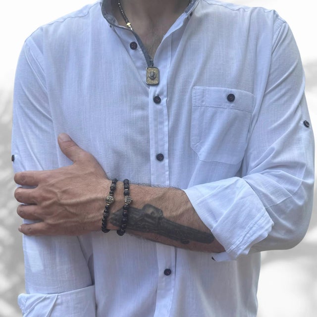 Men's Black Onyx Stone Beaded Powerful Lion & King Charms Bracelet Set For Sale - Image 4 of 7