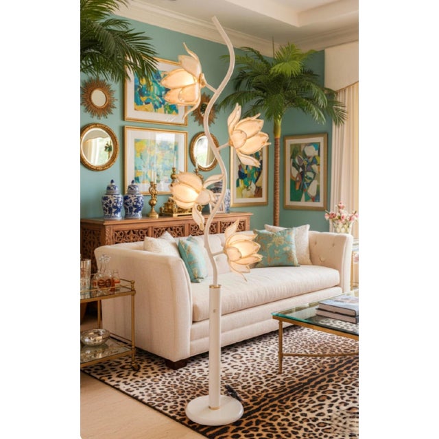 White Vintage Extra Tall Glass White Lotus Flower 4 Light Hollywood Regency Floor Lamp For Sale - Image 8 of 11