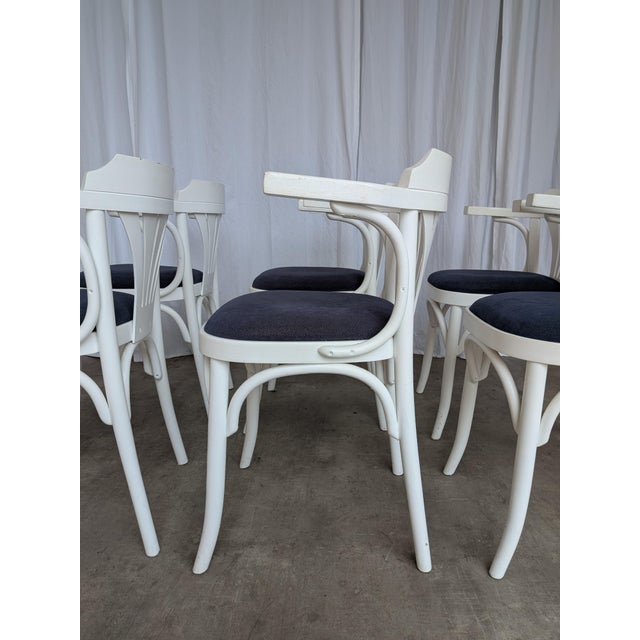 Wood Vintage White Bentwood Dining Chairs with Blue Fabric Seats, 1970s, Set of 6 For Sale - Image 7 of 18