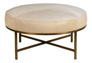 Design Frères White Hide and Patinated Brass "Tambour" Ottoman