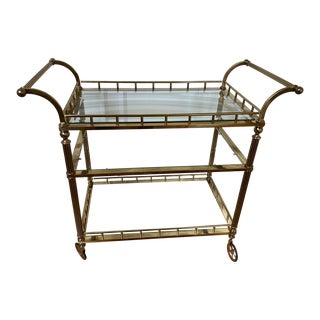 Italian Brass and Glass Three Tier Tea Bar Cart on Wheels For Sale