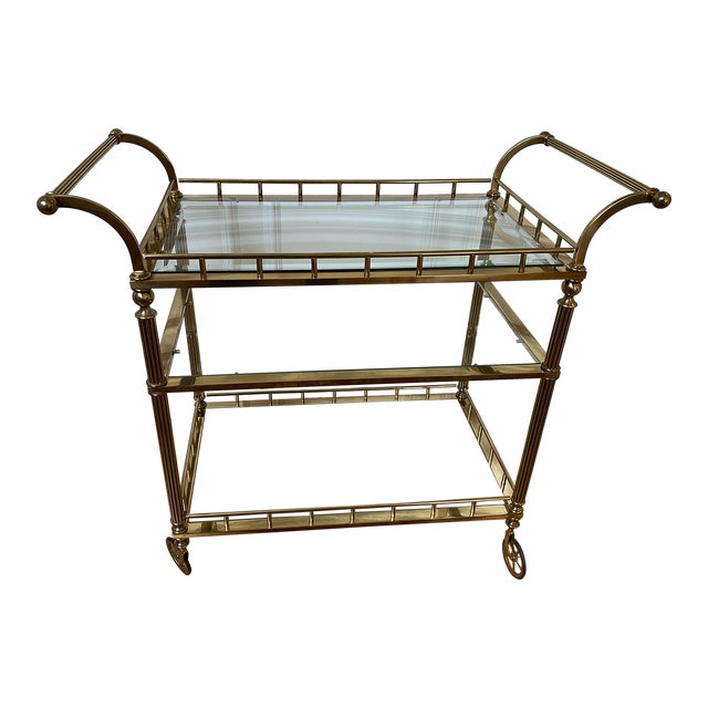 Italian Brass and Glass Three Tier Tea Bar Cart on Wheels For Sale