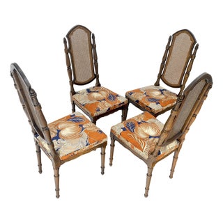 Set of 4 Bright floral Upholstery Cane Backs Turned Oak Legs Dining Chairs MINT! For Sale