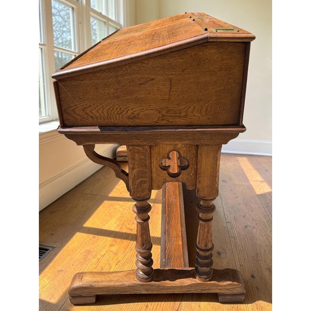 Gothic Antique English Slant-Top Gothic Revival Oak Double School Desk For Sale - Image 3 of 10