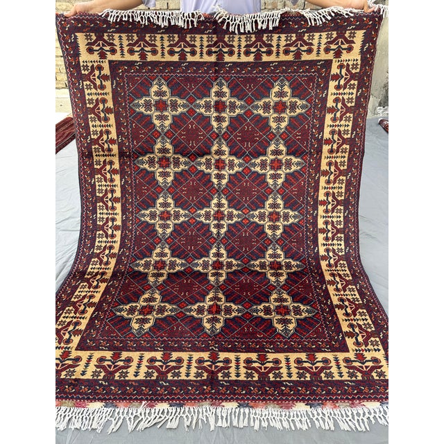 2000 - 2009 Vintage Afghan Turkmen Ivory Diamond Lattice Tribal Rug - 6'4" X 4'10" For Sale - Image 5 of 12