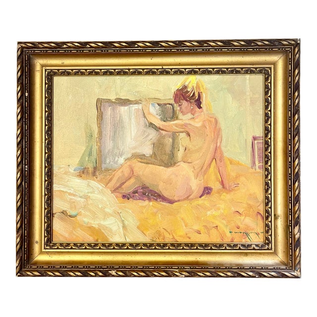 Oil Painting of a Naked Woman in a Mirror France 1960 For Sale