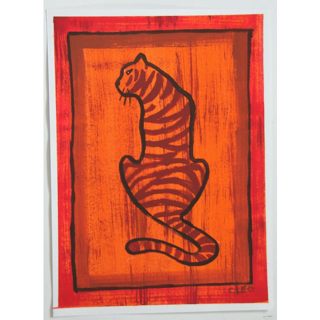 Painting of a Tiger, Peter Max Style Psychedelic Flower Power, in Orange Sienna Raspberry Red Burnt Umber. Contemporary...