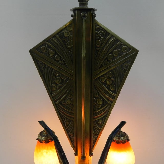 Art Deco Brass Hanging Lamp with 5 Pates De Verre Shades, 1930s For Sale - Image 13 of 18