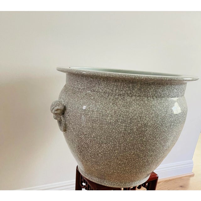1950s Mid 20 Th C Large Chinese Planter Crackled Porcelain With Lion Handles For Sale - Image 5 of 7