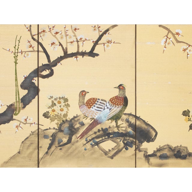 1970s C. 1970s Showa Era Japanese Painted Silk Byobu Screen "Pheasants and Sakura" For Sale - Image 5 of 18