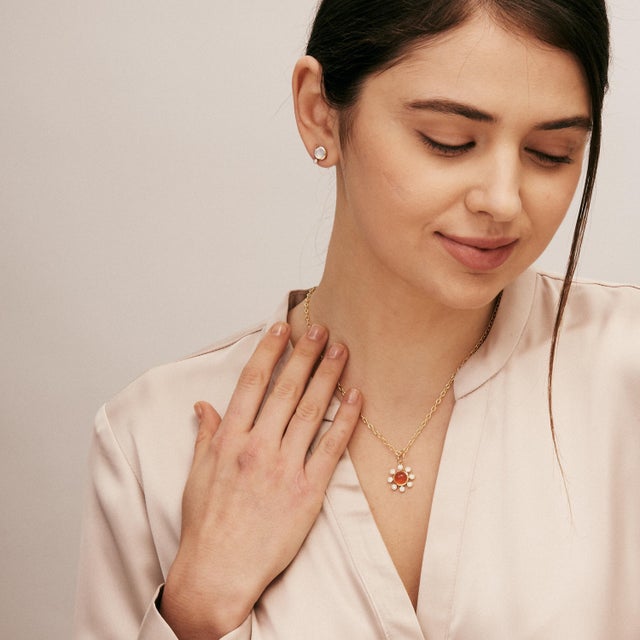 Contemporary Syna Yellow Gold Orange Chalcedony Pendant with Diamonds For Sale - Image 3 of 5