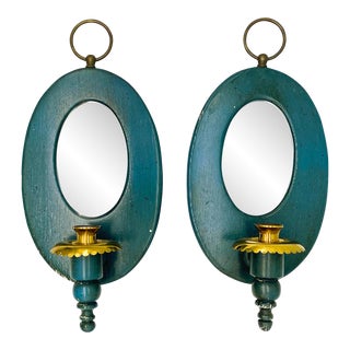 1970's Tell City Chair Co Antique Blue Mirrored Candle Wall Sconces - a Pair For Sale