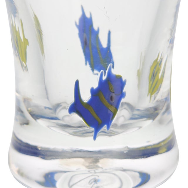 Annieglass Tropical Fish Art Glass Vase Blue Rim 5.5" Santa Cruz For Sale - Image 10 of 12