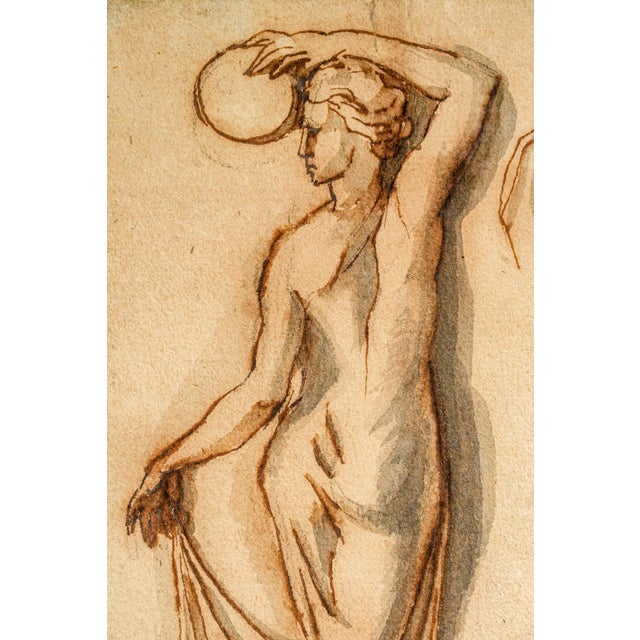 Mixed Medium Antique Framed Neoclassical Drawing Gouache Watercolor Classical Male Female Figures Art Grand Tour Style For Sale - Image 9 of 16