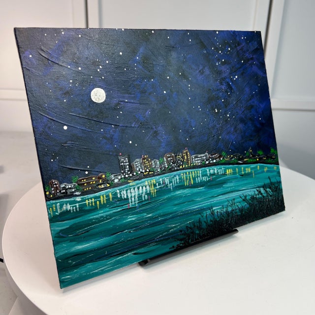 Contemporary City Nights Acrylic Landscape Painting on Canvas 8" X 10" Unframed Wall Art For Sale - Image 3 of 7